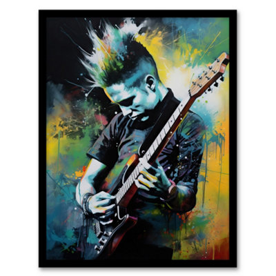 Artery8 Punk Music Artwork Blue Yellow Guitarist Playing At Concert Vibrant Portrait Wall Art PrintA4 Size from B&Q