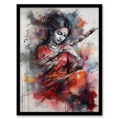 Artery8 Woman Playing Classical Indian Folk Music Watercolour Artwork Ragini Musician Portrait Wall Art PrintA4 Size