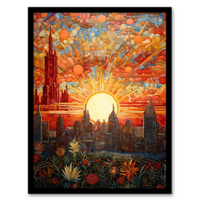 Artery8 Framed Wall Art Seville Spain Magnificent Sunrise Over Cathedral Abstract Cityscape Flowers Artwork12X16 Inch from B&Q