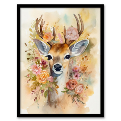 Artery8 Framed Wall Art The Deer In My Roses Watercolour Stag Buck Soft Serene Calm12X16 Inch from B&Q
