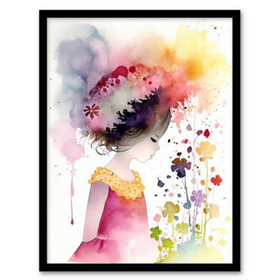 Artery8 Framed Wall Art The Girl In The Flower Meadow Watercolour Girls Bedroom12X16 Inch from B&Q