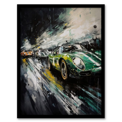 Artery8 Framed Wall Art Classic Race Cars Night Scene British Racing Green Motorsport Fan For Him Man Cave12X16 Inch from B&Q