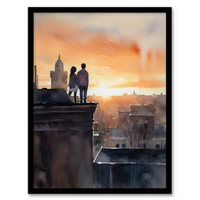 Artery8 Framed Wall Art Rooftop Romance Watercolour Painting Blue Orange Couple Watching City Sunset Bedroom12X16 Inch from B&Q