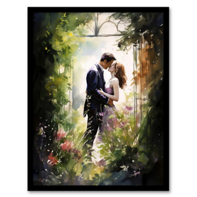 Artery8 Framed Wall Art Stolen Kiss Watercolour Painting Secret Garden Lovers Kissing Among Flowers Bedroom12X16 Inch from B&Q