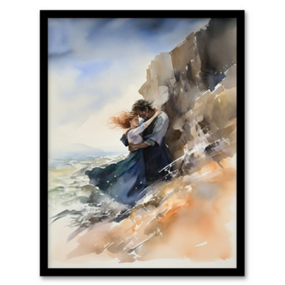 Artery8 Framed Wall Art Couple Embrace In Dramatic Coastal Cliff Landscape Watercolour Painting Wuthering Heights12X16 Inch from B&Q