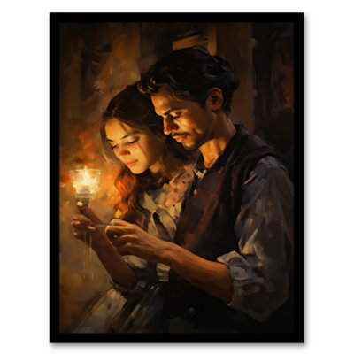 Artery8 Framed Wall Art La Boheme Young Couple Candlelight Scene Oil Painting12X16 Inch from B&Q