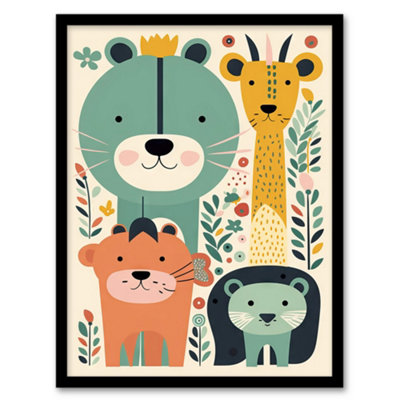 Artery8 Framed Wall Art Cute Zoo Animals Pastel Colour Graphic Artwork Jungle Forest Friends Kids Bedroom Painting12X16 Inch from B&Q