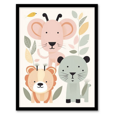 Artery8 Framed Wall Art Cute Zoo Baby Animals Pastel Colour Graphic Artwork Jungle Forest Friends Kids Bedroom12X16 Inch from B&Q