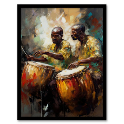 Artery8 Framed Wall Art African Drum Players Oil Painting Orange Yellow Blue Drummer Beat Traditional Music Songs12X16 Inch from B&Q