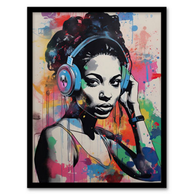 Artery8 Framed Wall Art Woman Wearing Headphones Splat Art Colourful Wall Mural Detail Baltimore Club Music12X16 Inch from B&Q