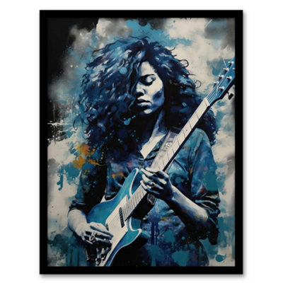 Artery8 Framed Wall Art Woman Playing The Electric Guitar Acrylic Female Blues Musician Splat Paint Portrait Music12X16 Inch from B&Q