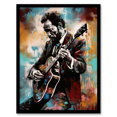 Artery8 Framed Wall Art Country Music Colourful Oil Painting Musician Playing Guitar Portrait12X16 Inch from B&Q