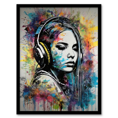 Artery8 Framed Wall Art Music Girl Headphones Watercolour Grunge Emo Teen Bedroom12X16 Inch from B&Q