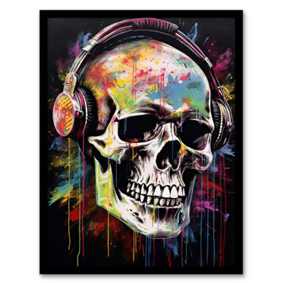 Artery8 Framed Wall Art Hardcore Punk Music Artwork Vibrant Drip Paint Skull With Headphones12X16 Inch from B&Q