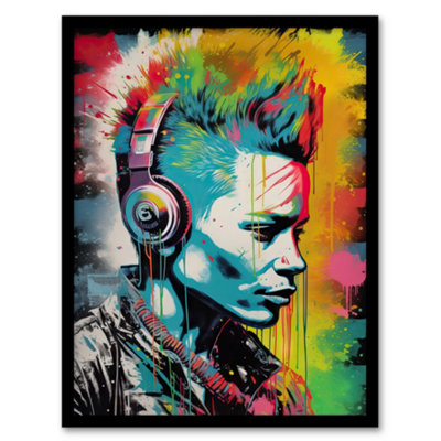 Artery8 Framed Wall Art Punk Music Vibrant Artwork Young Man With Headphones Portrait12X16 Inch from B&Q
