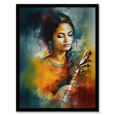 Artery8 Framed Wall Art Woman Playing Classical Indian Folk Music Watercolour Painting Ragini Musician Portrait12X16 Inch from B&Q