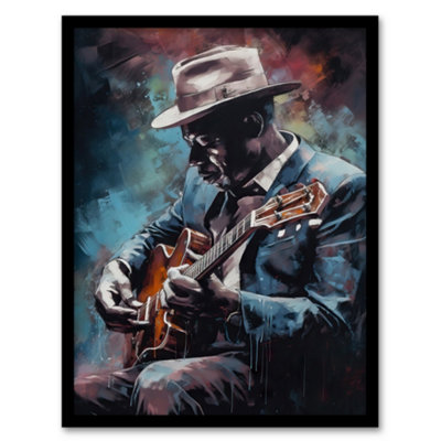 Artery8 Framed Wall Art Ragtime Blues Watercolour Artwork Musician Playing Acoustic Guitar Portrait Painting12X16 Inch from B&Q