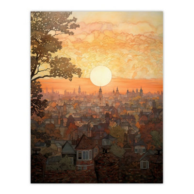 Artery8 Unframed Wall Art Sunset Over Oxford City Watercolour Painting Orange Pink Atmospheric Cityscape12X16 Inch from B&Q