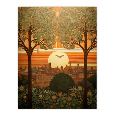 Artery8 Unframed Wall Art Art Nouveau Autumn Village Sunset Artwork Painting12X16 Inch from B&Q