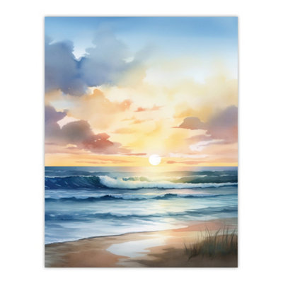 B&Q -  Unframed Wall Art Watercolour Waves Deserted Beach Seascape12X16 Inch