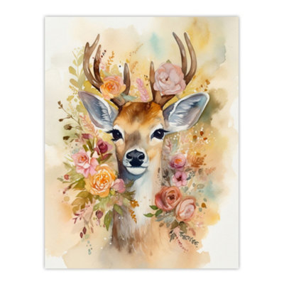 Artery8 Unframed Wall Art The Deer In My Roses Watercolour Stag Buck Soft Serene Calm12X16 Inch from B&Q