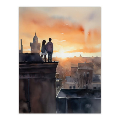 Artery8 Unframed Wall Art Rooftop Romance Watercolour Painting Blue Orange Couple Watching City Sunset Bedroom Art12X16 Inch from B&Q