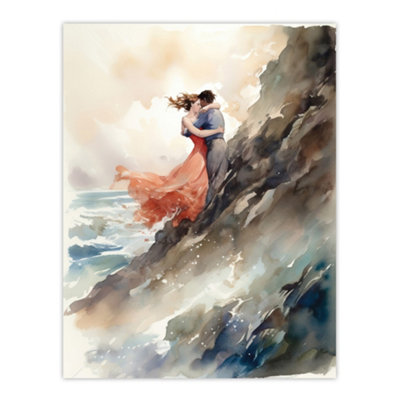 Artery8 Unframed Wall Art Forbidden Love Watercolour Painting Couple Embrace In Dramatic Coastal Cliff Landscape12X16 Inch from B&Q