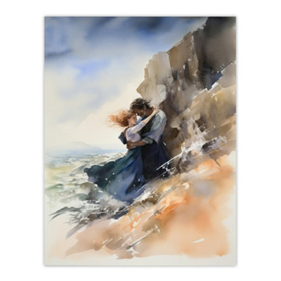 Artery8 Unframed Wall Art Couple Embrace In Dramatic Coastal Cliff Landscape Watercolour Painting Wuthering Heights12X16 Inch from B&Q