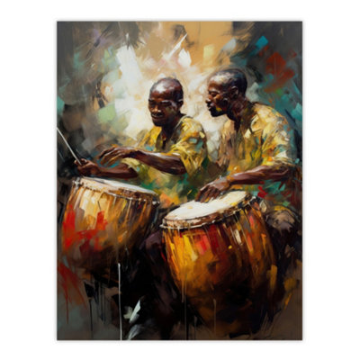 Artery8 Unframed Wall Art African Drum Players Painting Orange Yellow Blue Drummer Beat Traditional Music Songs12X16 Inch from B&Q