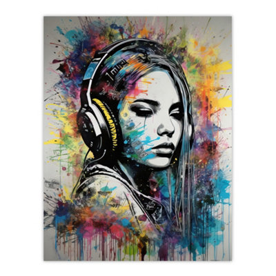 Artery8 Unframed Wall Art Music Girl Headphones Watercolour Grunge Emo Teen Bedroom12X16 Inch from B&Q