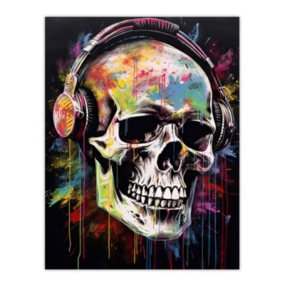 Artery8 Unframed Wall Art Hardcore Punk Music Artwork Vibrant Drip Paint Skull With Headphones12X16 Inch from B&Q