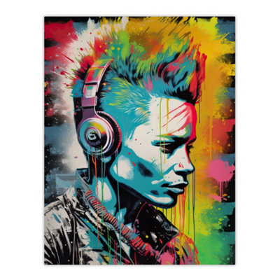 Artery8 Unframed Wall Art Punk Music Vibrant Artwork Young Man With Headphones Portrait12X16 Inch from B&Q