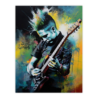 Artery8 Unframed Wall Art Punk Music Artwork Blue Yellow Guitarist Playing At Concert Vibrant Portrait12X16 Inch from B&Q