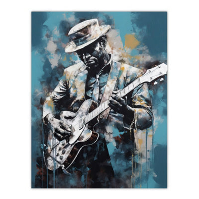 Artery8 Unframed Wall Art Ragtime Blues Watercolour Artwork Musician Playing Electric Guitar Portrait Painting12X16 Inch from B&Q