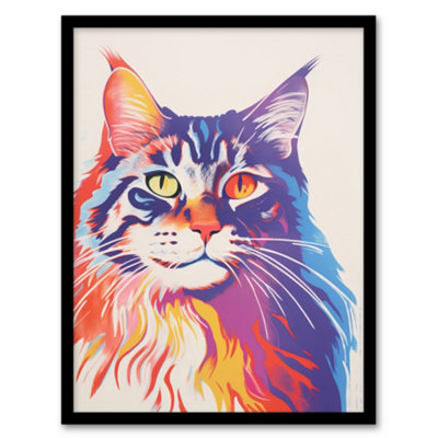Artery8 Maine Cat Risograph Bright Orange Purple Blue Screen Artwork Riso Interior Design Wall Art PrintA4 Size from B&Q