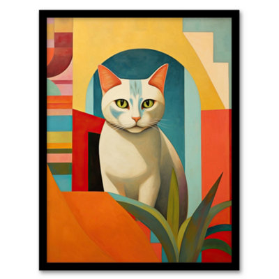 Artery8 Abstract Cubist Cat And Plant Feline Geometric Contemporary Wall Art PrintA4 Size from B&Q