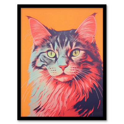 Artery8 Maine Cat Screen Risograph Artwork Spot Block Colour Duotone Retro Riso Interior Design Wall Art PrintA4 Size from B&Q