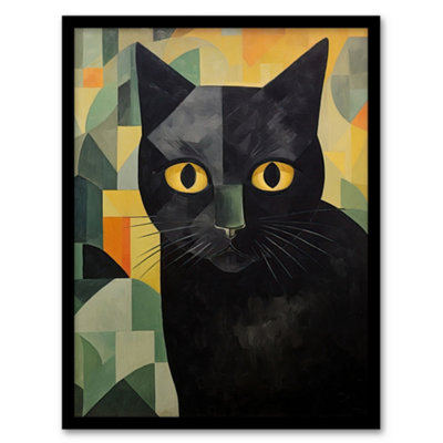 B&Q -  My Name Is Geoff By Alex Robins Black Cat Art Deco Geometric Wall Art PrintA4 Size