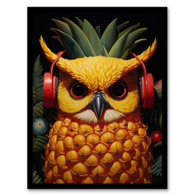 Artery8 Pineapple Owl Bold Vibrant Rich Red Gold And Green Artwork Kitchen Retro Interior Design Wall Art PrintA4 Size