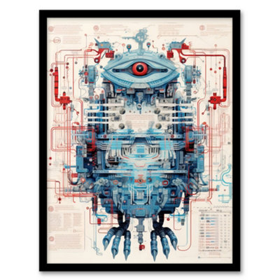 B&Q -  Bird Robot Hybrid Schematic Blue Futuristic Secret Spy Cam Complex Arcane Manuscript Wall Art PrintA4 Size
