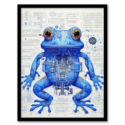Artery8 Blue Frog Robot Hybrid Schematic Blue Futuristic Secret Complex Arcane Manuscript Wall Art PrintA4 Size from B&Q