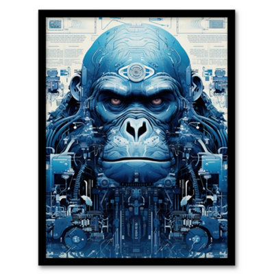 B&Q -  Gorilla Army Robot Hybrid Schematic Blue Futuristic Secret Complex Arcane Manuscript Wall Art PrintA4 Size