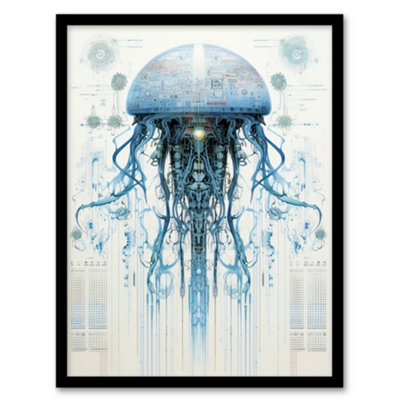 Artery8 Jellyfish Military Robot Hybrid Schematic Blue Futuristic Secret Complex Arcane Manuscript Wall Art PrintA4 Size from B&Q