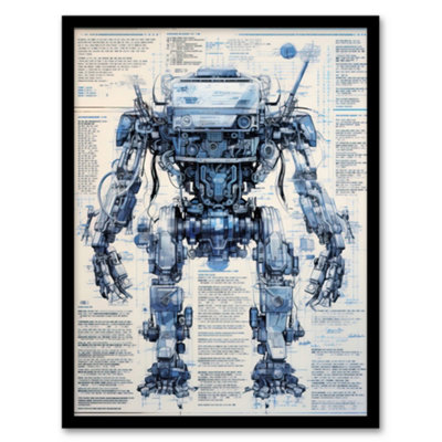 Artery8 Mech War Robot Hybrid Secret Military Schematic Blue Futuristic Complex Arcane Manuscript Wall Art PrintA4 Size from B&Q