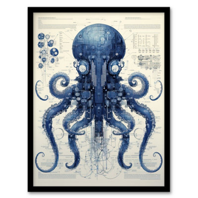 Artery8 Octopus Robot Hybrid Schematic Blue Futuristic Secret Complex Arcane Manuscript Wall Art PrintA4 Size from B&Q
