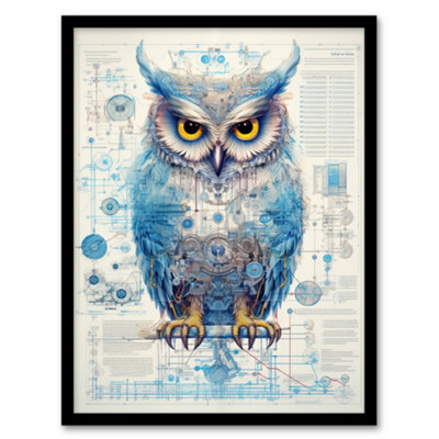 Artery8 Owl Robot Hybrid Secret Military Schematic Blue Futuristic Complex Arcane Manuscript Wall Art PrintA4 Size from B&Q