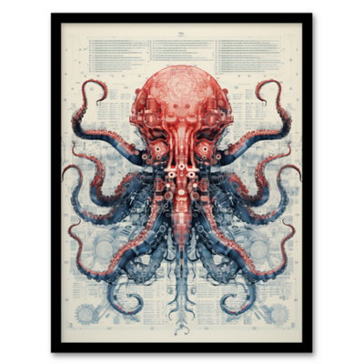 Artery8 Red Octopus Robot Hybrid Secret Military Schematic Blue Futuristic Complex Arcane Manuscript Wall Art PrintA4 Size from B&Q