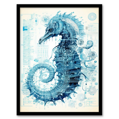 Artery8 Seahorse Robot Hybrid Schematic Blue Futuristic Secret Complex Arcane Manuscript Wall Art PrintA4 Size from B&Q