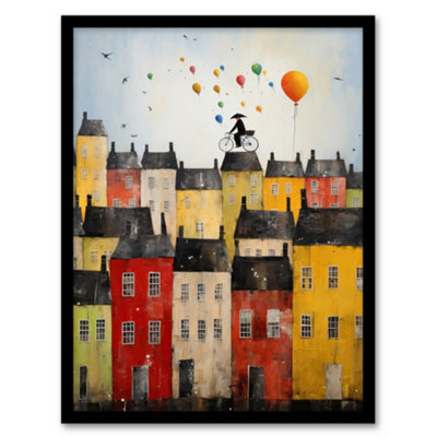 Artery8 Cycling The Rooftops Celebration Whimsical Fun Townscape Artwork Painting Wall Art PrintA4 Size from B&Q