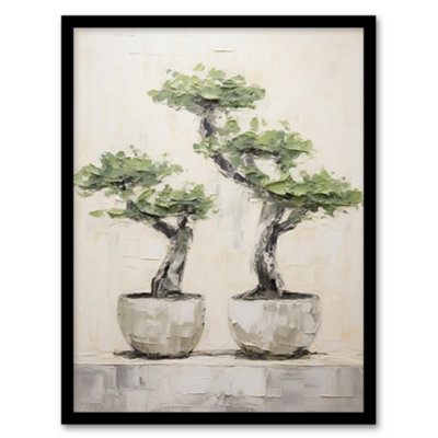 Artery8 Japan Bonsai Trees In Pots Oil Painting Pallet Neutral Tone Textured Tree Wall Art PrintA4 Size from B&Q